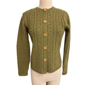 L.L. Bean Womens Cable Knit Sweater Cardigan S Olive Green Lambswool & Nylon